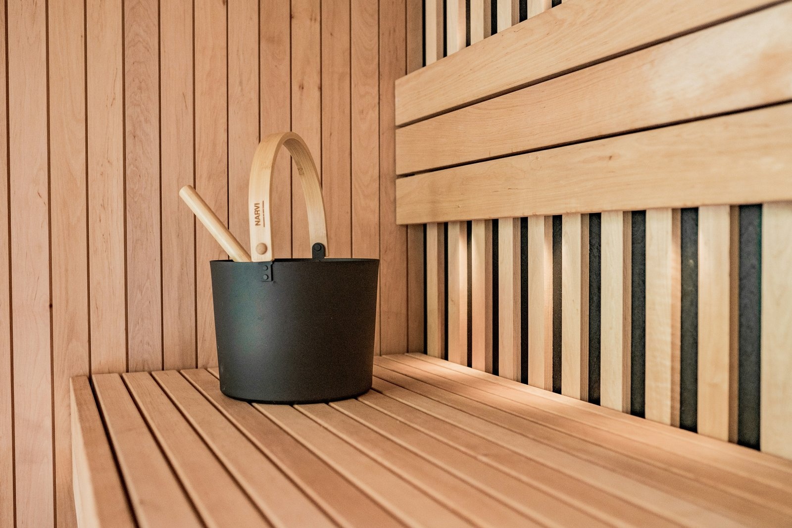 Sauna bench with bucket and ladle