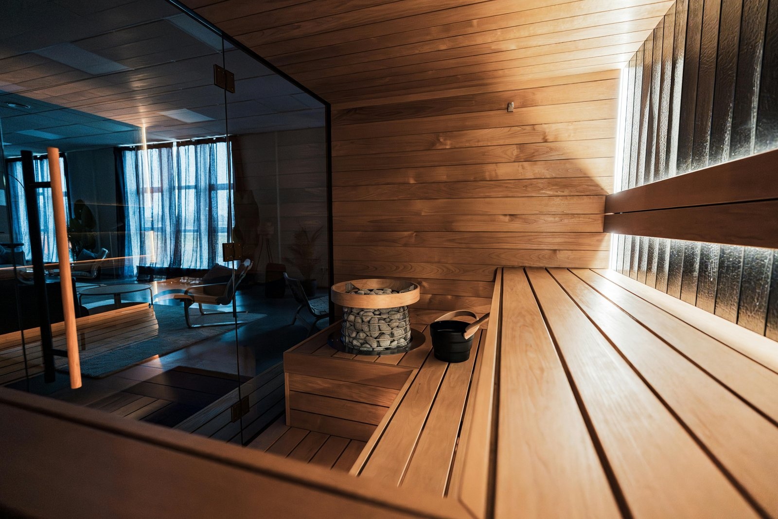Indoor sauna finished in warm cedar, Marin County