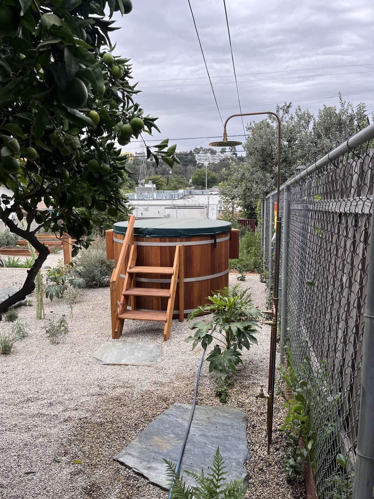 Hand-built western red cedar hot tub